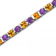Sterling Silver 10.00 carats total weight Princess Cut Citrine & Round cut Amethyst Tennis Style Bracelet