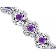 Melody of Gemstones 7.50 carats total weight Round Cut Amethyst White CZ Flower Link Bracelet in Sterling Silver