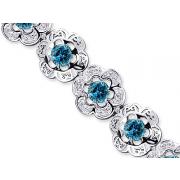 Melody of Gemstones 8.75 carats total weight Round Cut London Blue Topaz White CZ Flower Link Bracelet in Sterling Silver