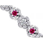 Melody of Gemstones Round Cut Created Ruby & White CZ Gemstone Flower Link Bracelet in Sterling Silver