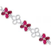 Antique Flower Design Oval Cut Created Ruby & White CZ Gemstone Bracelet in Sterling Silver