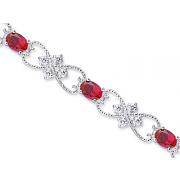 Delicate Filigree Design Oval Cut Created Ruby & White CZ Gemstone Bracelet in Sterling Silver