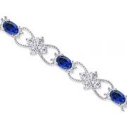 Delicate Filigree Design Oval Cut Created Sapphire & White CZ Gemstone Bracelet in Sterling Silver