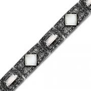 Romantic Indulgence: Sterling Silver Marcasite & Mother of Pearl Art Deco Style 71/4 inches Link Bracelet