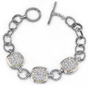 Sparkling Elegance: Designer Inspired Sterling Silver Cable Design Two-Tone Toggle Bar Circle Link Bracelet with CZ Diamonds