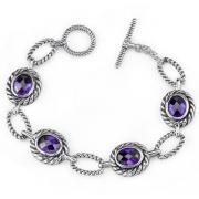 Dramatic Chic: Designer Inspired Sterling Silver Cable Design Toggle Bar Oval Link Bracelet with Purple CZ