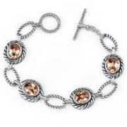 Dramatic Chic: Designer Inspired Sterling Silver Cable Design Toggle bar Oval Link Bracelet with Sparkling Champagne CZ