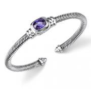 Ethereal Radiance: Designer Inspired Sterling Silver Cable Style Bangle Bracelet with Purple Amethyst CZ