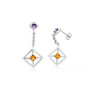 Round/Princess Amethyst/Citrine Dangling Earrings Sterling Silver