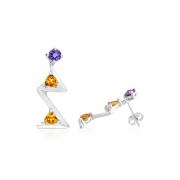Radiant/Trillion Cut Amethyst/Citrine Three-Stone Drop Earrings Sterling Silver