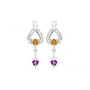 Multicut Citrine Amethyst Dangling Heart Earrings Sterling Silver