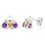 Multicut Citrine & Amethyst Three Stone Earrings Sterling Silver