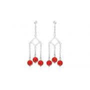 Round Coral Red Bead Chandelier Earrings Sterling Silver