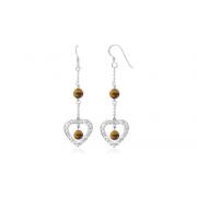 Round Tigereye Bead Dangling Heart Earrings Sterling Silver