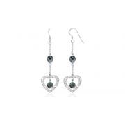 Round Hematite Bead Dangling Heart Earrings Sterling Silver
