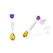 Heart & Pear Cut Amethyst Citrine Dangling Earrings Sterling Silver