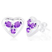 Oval Round Cut Amethyst Three Stone Heart Earrings Sterling Silver