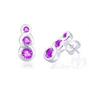 Round Cut Amethyst Three Stone Drop Earrings Sterling Silver