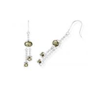 Oval Round Cut Smoky Quartz Three Stone Dangling Earrings rling Silver