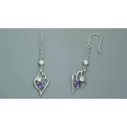 Round Cut Amethyst & White Cz Dangling Earrings Sterling Silver