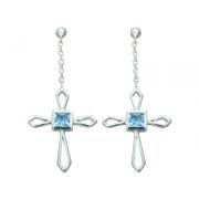 1.50 Ct.T.W. Genuine Princess Cut Swiss Blue Topaz in Pure Sterling Silver Cross Earrings