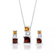 3.25 cts Princess Cut Citrine Garnet Pendant Earrings in Sterling Silver 
