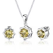 Exclusive Splendor: 6.75 carat Concave-Cut Snowflake Shape Lemon Quartz Pendant Earring Set in Sterling Silver