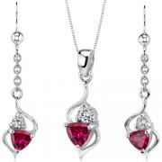 Classy 2.25 carats Trillion Cut Sterling Silver Ruby Pendant Earrings Set 