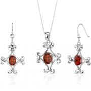 Cross Design 3.50 carats Oval Shape Sterling Silver Garnet Pendant Earrings Set 