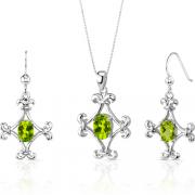 Cross Design 2.75 carats Oval Shape Sterling Silver Peridot Pendant Earrings Set 